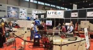 the crowd at the Universal Tool and Engineering booth at Fabtech 2017 looking at our cnc tube benders and automated worcells