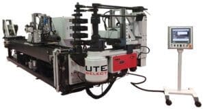 Industrial CNC tube bender machine with control panel in front of a white background.